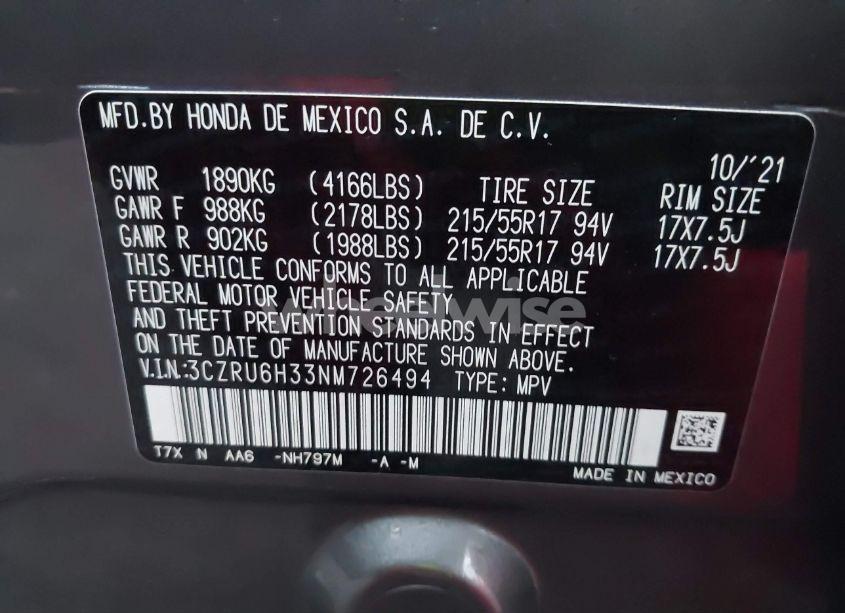 Photo 9 of 2022 Honda Hr-v AWD LX (VIN 3CZRU6H33NM726494)