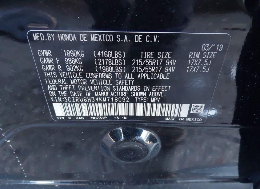 Photo 9 of 2019 Honda Hr-v LX (VIN 3CZRU6H34KM718092)