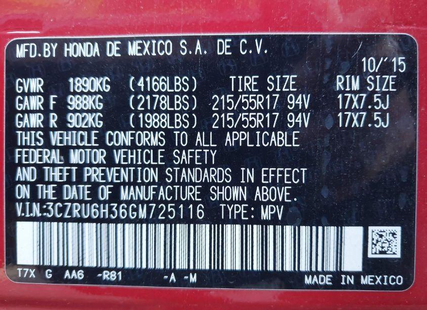 Photo 9 of 2016 Honda Hr-v LX (VIN 3CZRU6H36GM725116)