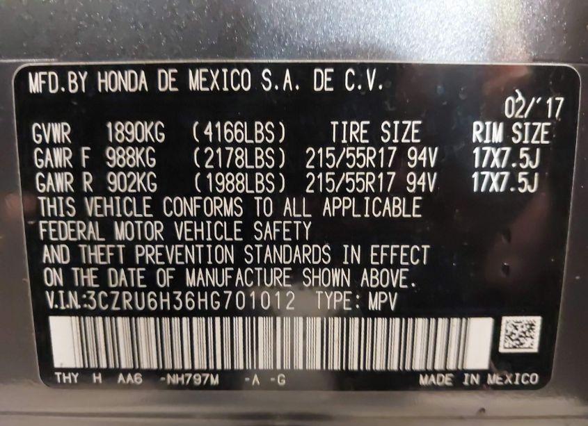 Photo 9 of 2017 Honda Hr-v LX (VIN 3CZRU6H36HG701012)