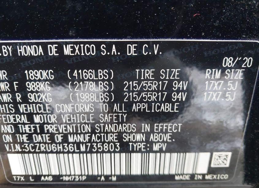 Photo 9 of 2020 Honda Hr-v AWD LX (VIN 3CZRU6H36LM735803)