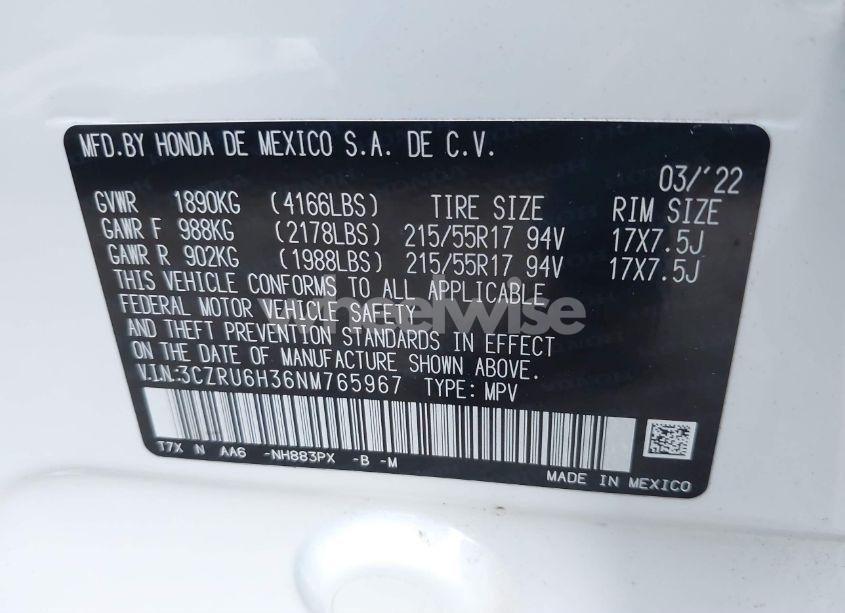 Photo 9 of 2022 Honda Hr-v AWD LX (VIN 3CZRU6H36NM765967)