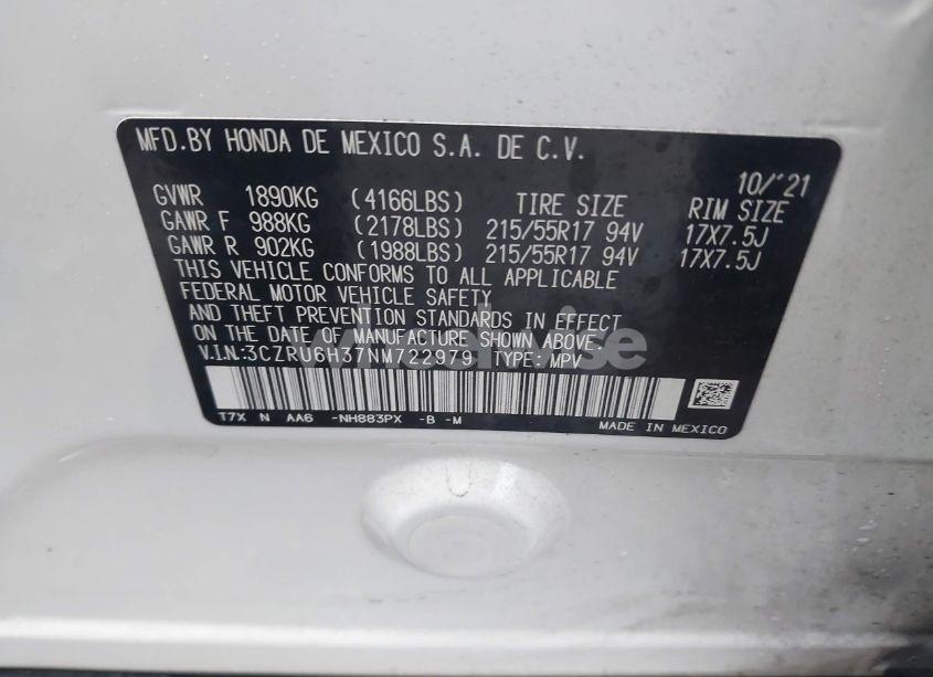 Photo 9 of 2022 Honda Hr-v AWD LX (VIN 3CZRU6H37NM722979)