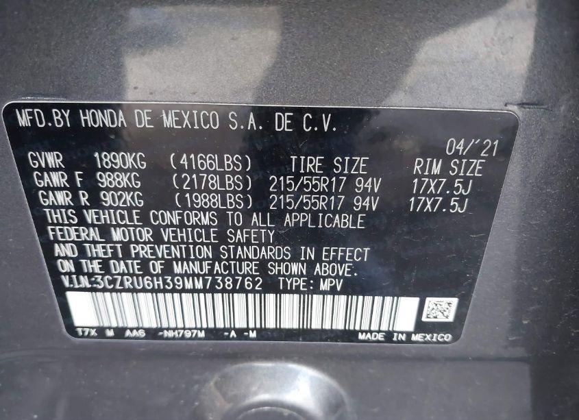 Photo 9 of 2021 Honda Hr-v AWD LX (VIN 3CZRU6H39MM738762)