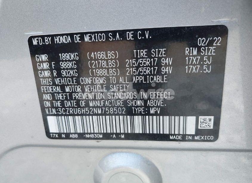 Photo 9 of 2022 Honda Hr-v AWD EX (VIN 3CZRU6H52NM758502)