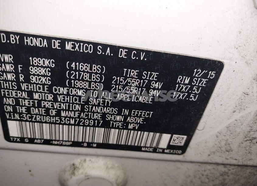 Photo 9 of 2016 Honda Hr-v EX (VIN 3CZRU6H53GM729917)