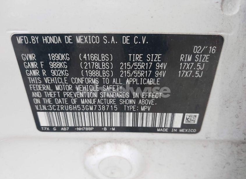 Photo 9 of 2016 Honda Hr-v EX (VIN 3CZRU6H53GM738715)