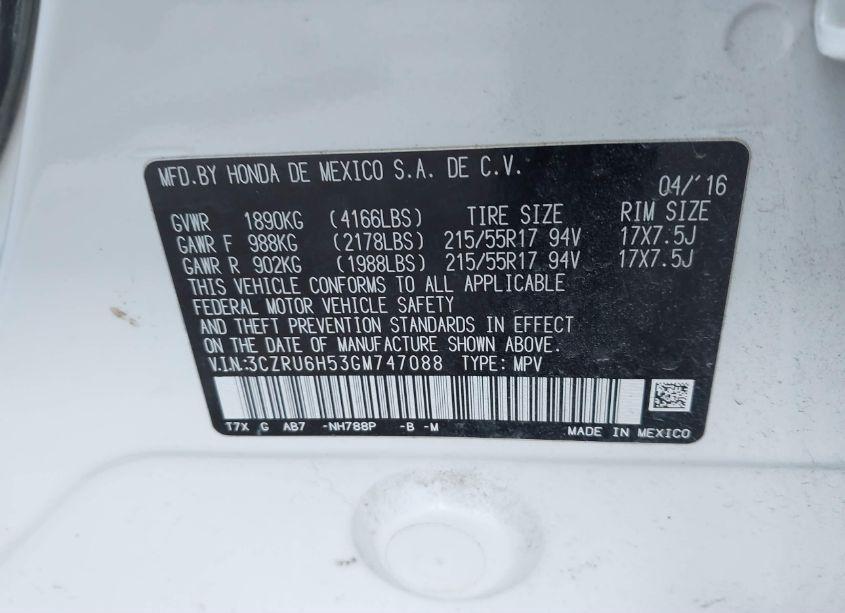 Photo 9 of 2016 Honda Hr-v EX (VIN 3CZRU6H53GM747088)