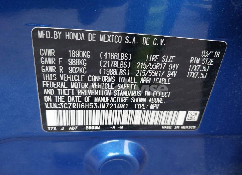 Photo 9 of 2018 Honda Hr-v EX (VIN 3CZRU6H53JM721081)