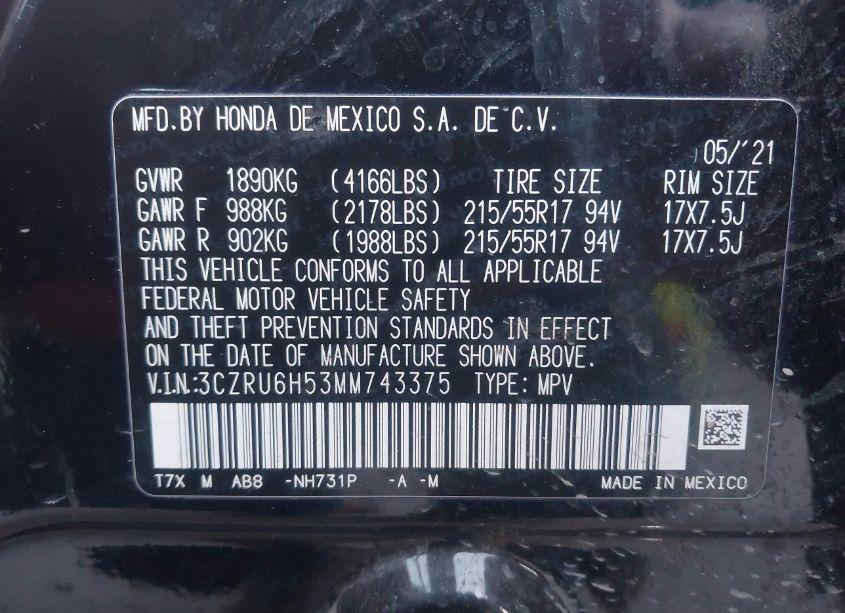 Photo 9 of 2021 Honda Hr-v AWD EX (VIN 3CZRU6H53MM743375)