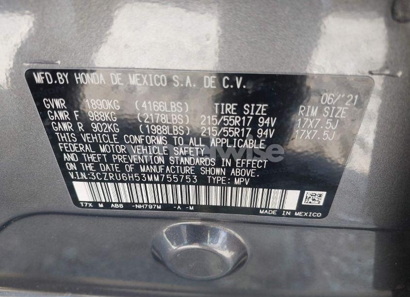 Photo 9 of 2021 Honda Hr-v AWD EX (VIN 3CZRU6H53MM755753)
