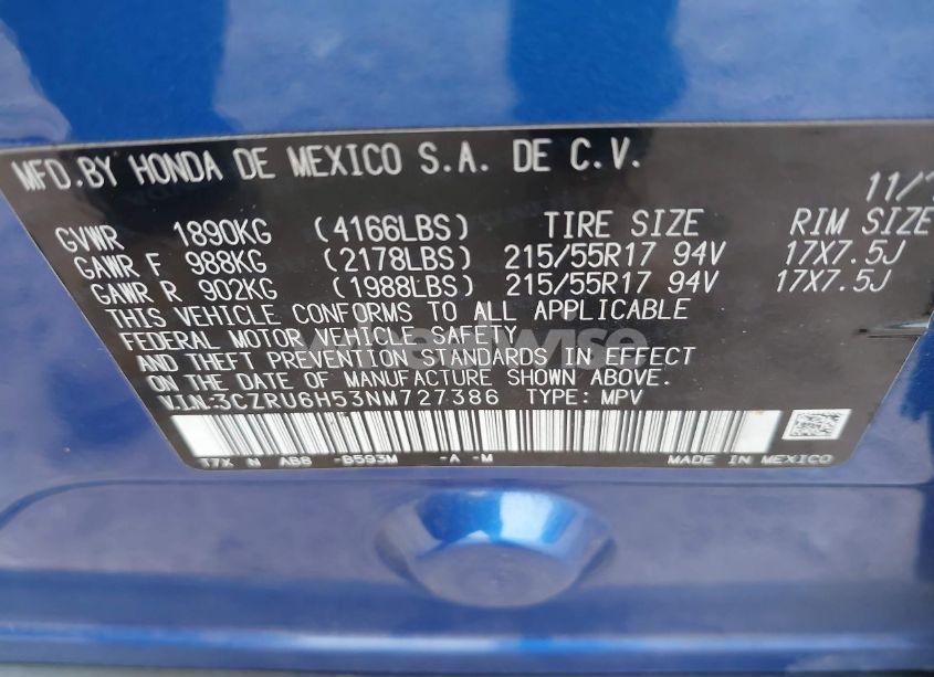 Photo 9 of 2022 Honda Hr-v AWD EX (VIN 3CZRU6H53NM727386)