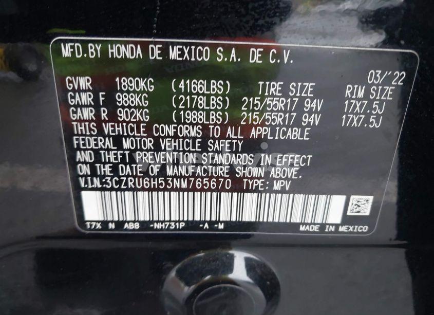 Photo 9 of 2022 Honda Hr-v AWD EX (VIN 3CZRU6H53NM765670)
