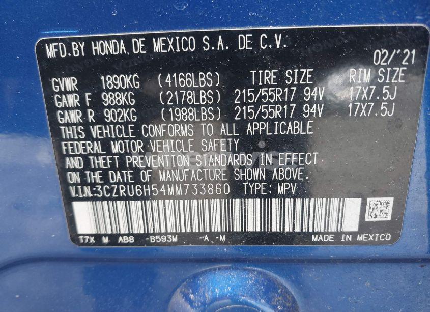 Photo 9 of 2021 Honda Hr-v AWD EX (VIN 3CZRU6H54MM733860)