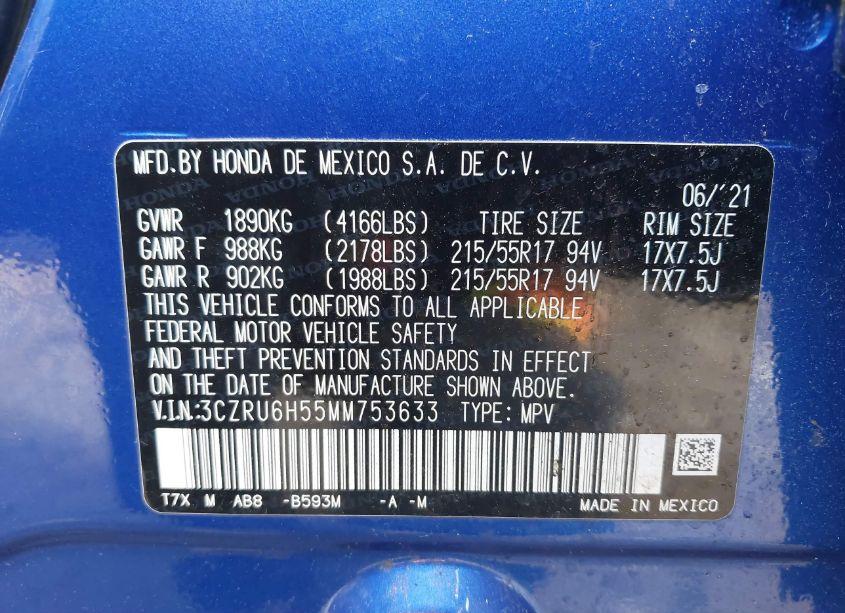Photo 9 of 2021 Honda Hr-v AWD EX (VIN 3CZRU6H55MM753633)