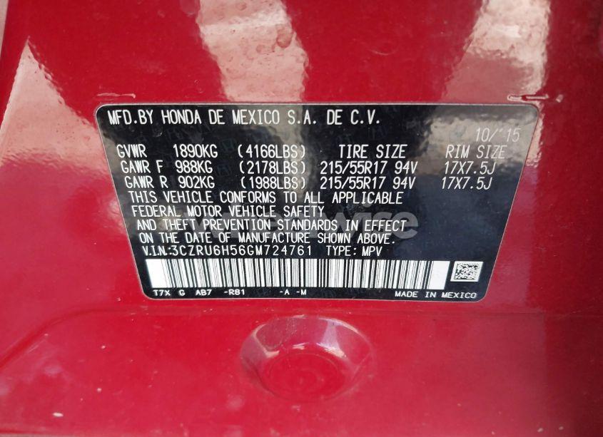 Photo 9 of 2016 Honda Hr-v EX (VIN 3CZRU6H56GM724761)