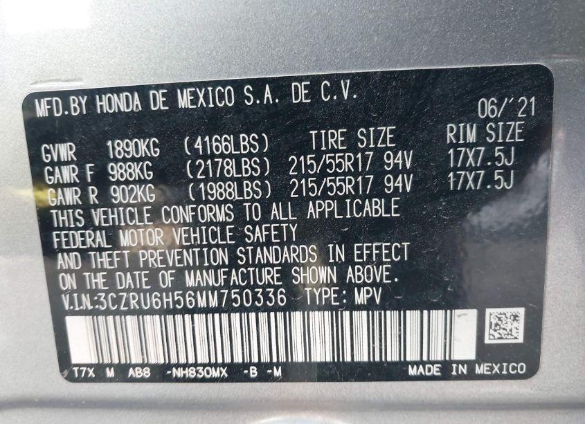 Photo 9 of 2021 Honda Hr-v AWD EX (VIN 3CZRU6H56MM750336)