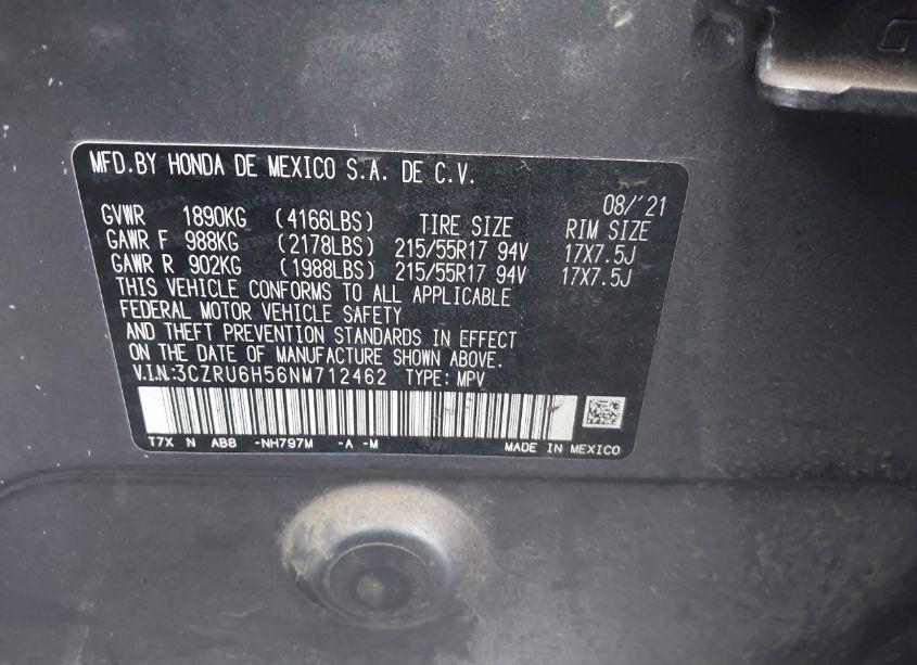 Photo 9 of 2022 Honda Hr-v AWD EX (VIN 3CZRU6H56NM712462)