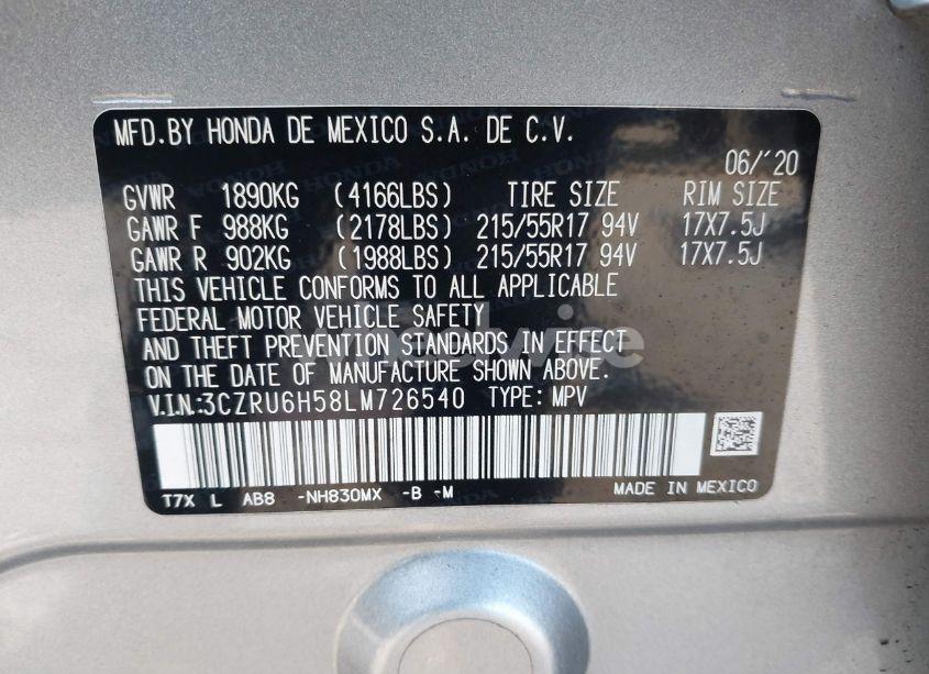 Photo 9 of 2020 Honda Hr-v AWD EX (VIN 3CZRU6H58LM726540)