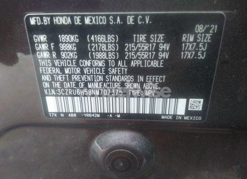 Photo 9 of 2022 Honda Hr-v AWD EX (VIN 3CZRU6H58NM707375)