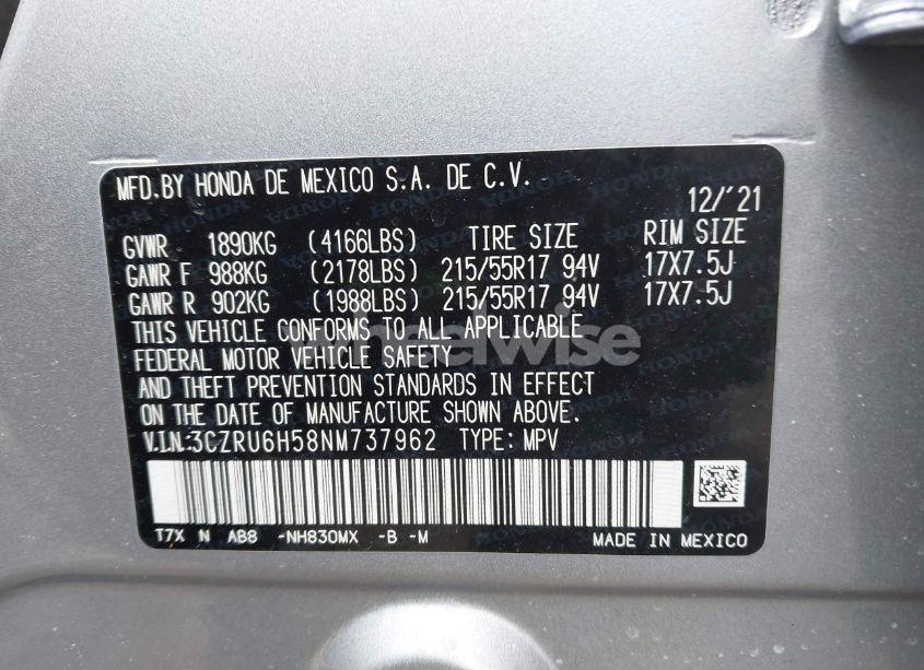 Photo 9 of 2022 Honda Hr-v AWD EX (VIN 3CZRU6H58NM737962)
