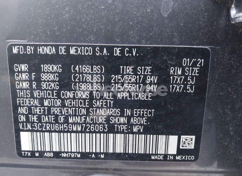 Photo 9 of 2021 Honda Hr-v AWD EX (VIN 3CZRU6H59MM726063)