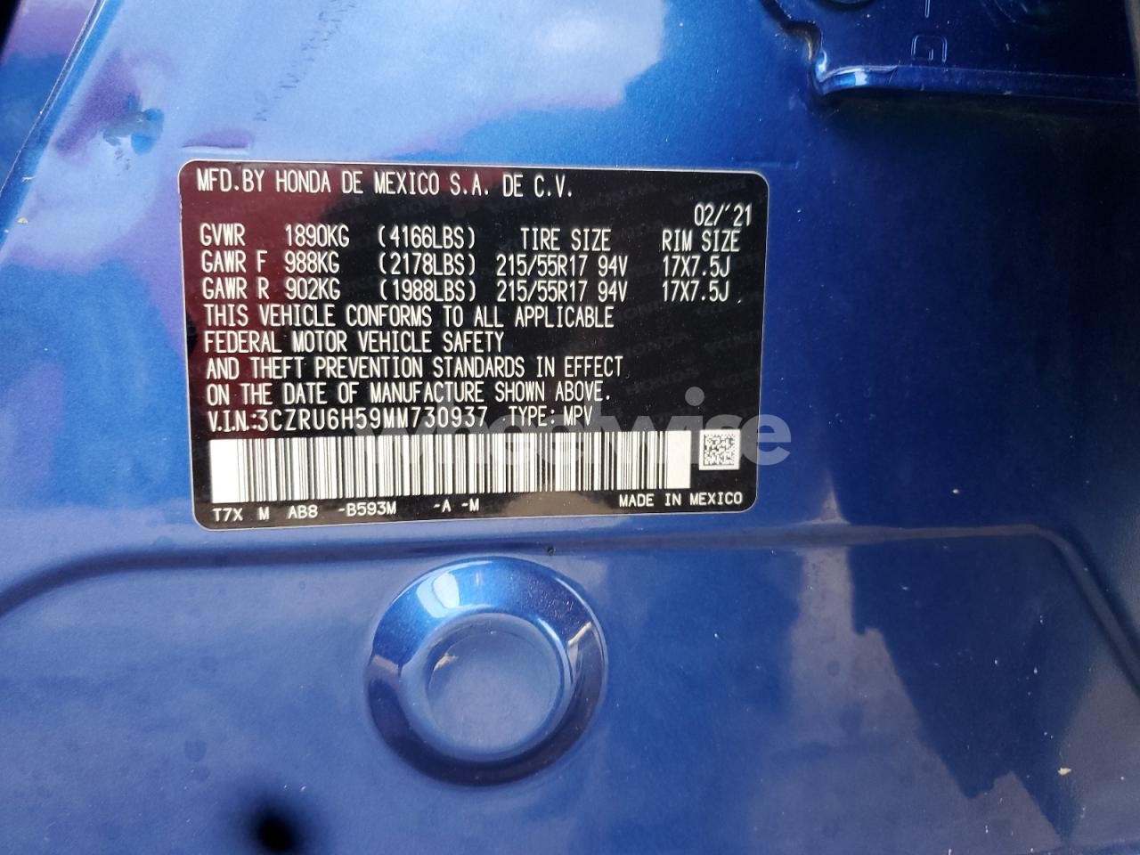 Photo 12 of 2021 HONDA HR-V EX (VIN 3CZRU6H59MM730937)