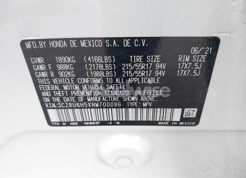 Photo 9 of 2022 Honda Hr-v AWD EX (VIN 3CZRU6H5XNM700086)