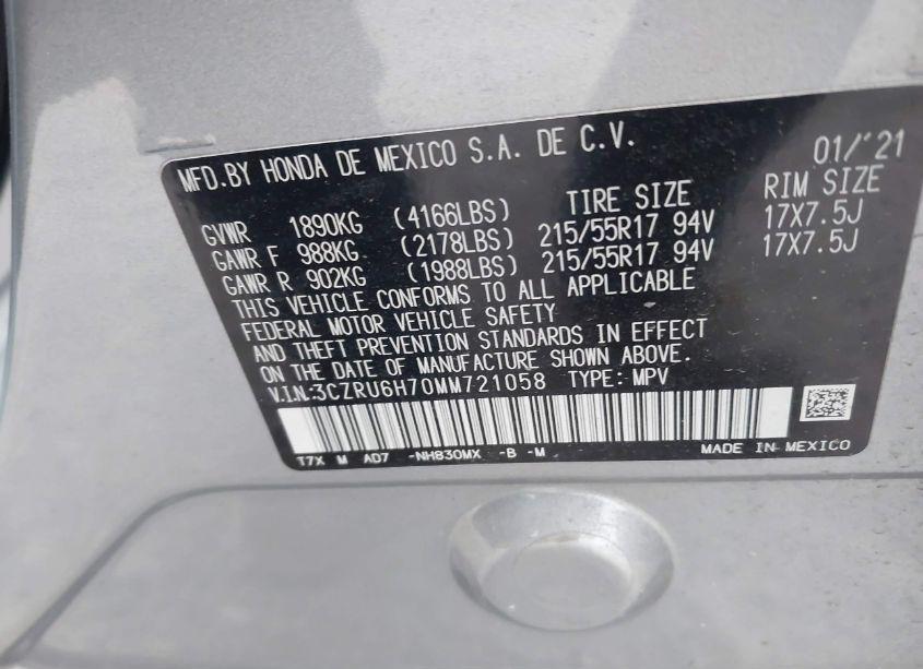 Photo 9 of 2021 Honda Hr-v AWD EX-L (VIN 3CZRU6H70MM721058)