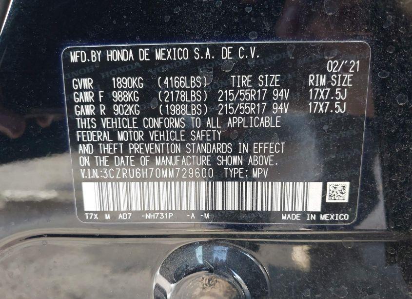 Photo 9 of 2021 Honda Hr-v AWD EX-L (VIN 3CZRU6H70MM729600)