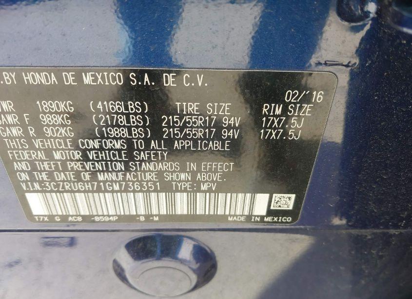 Photo 9 of 2016 Honda Hr-v EX-L (VIN 3CZRU6H71GM736351)