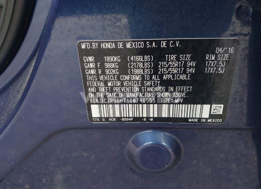 Photo 9 of 2016 Honda Hr-v EX-L (VIN 3CZRU6H71GM746555)