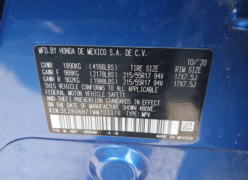 Photo 9 of 2021 Honda Hr-v AWD EX-L (VIN 3CZRU6H71MM703376)