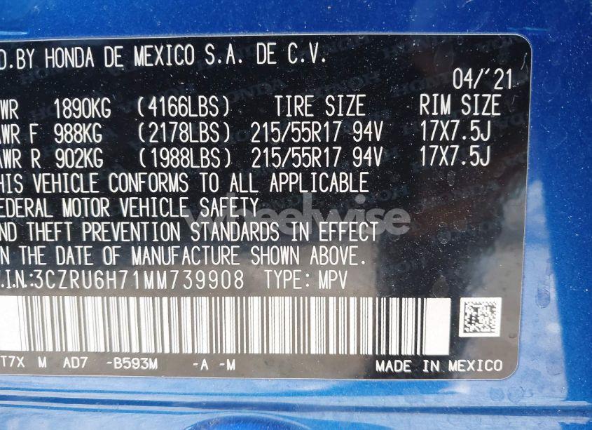 Photo 9 of 2021 Honda Hr-v AWD EX-L (VIN 3CZRU6H71MM739908)