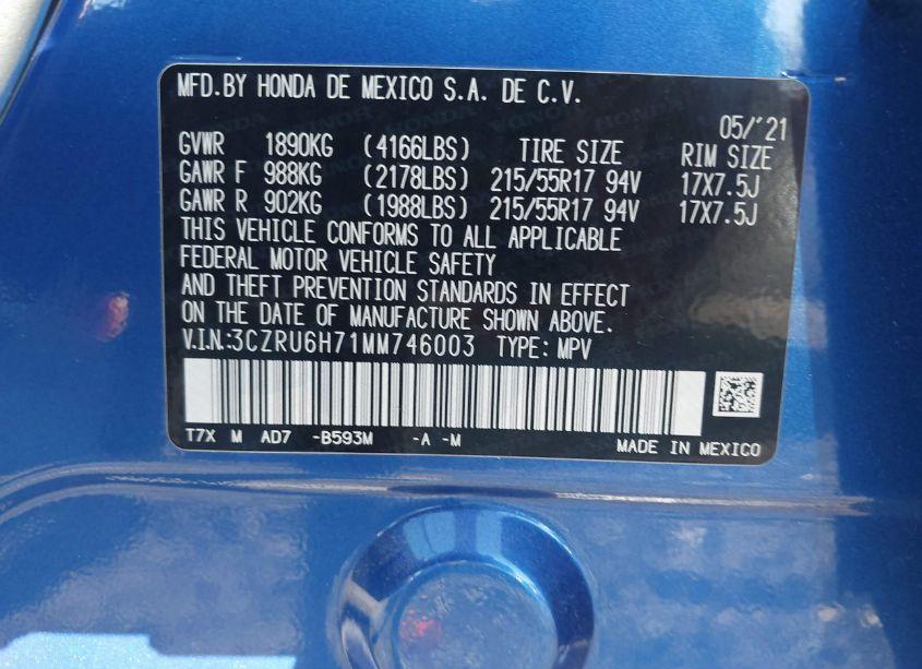 Photo 9 of 2021 Honda Hr-v AWD EX-L (VIN 3CZRU6H71MM746003)