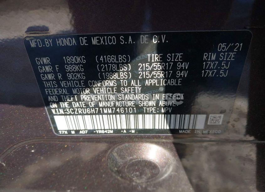 Photo 9 of 2021 Honda Hr-v AWD EX-L (VIN 3CZRU6H71MM746101)