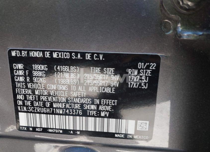 Photo 9 of 2022 Honda Hr-v AWD EX-L (VIN 3CZRU6H71NM743376)