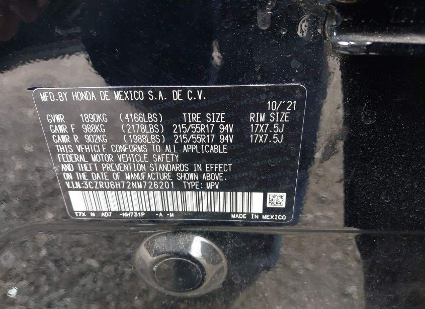 Photo 9 of 2022 Honda Hr-v AWD EX-L (VIN 3CZRU6H72NM726201)