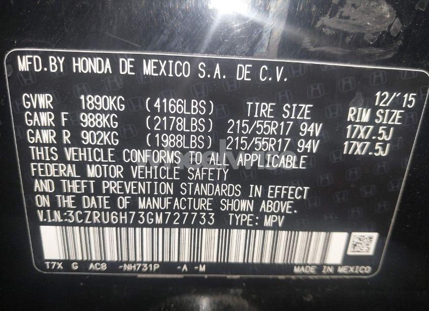 Photo 9 of 2016 Honda Hr-v EX-L (VIN 3CZRU6H73GM727733)