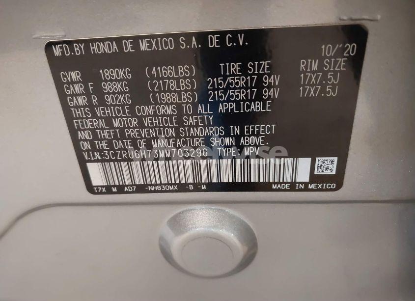 Photo 9 of 2021 Honda Hr-v AWD EX-L (VIN 3CZRU6H73MM703296)