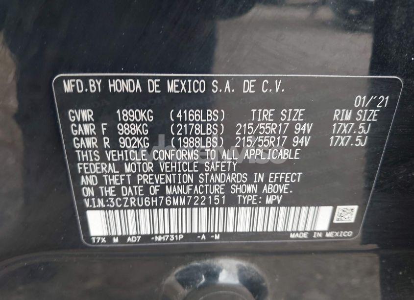 Photo 9 of 2021 Honda Hr-v AWD EX-L (VIN 3CZRU6H76MM722151)
