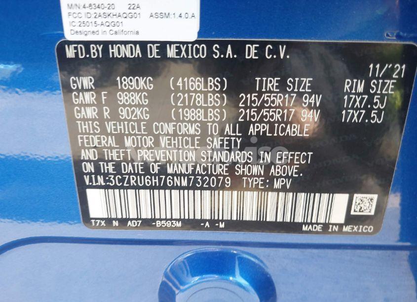 Photo 9 of 2022 Honda Hr-v AWD EX-L (VIN 3CZRU6H76NM732079)