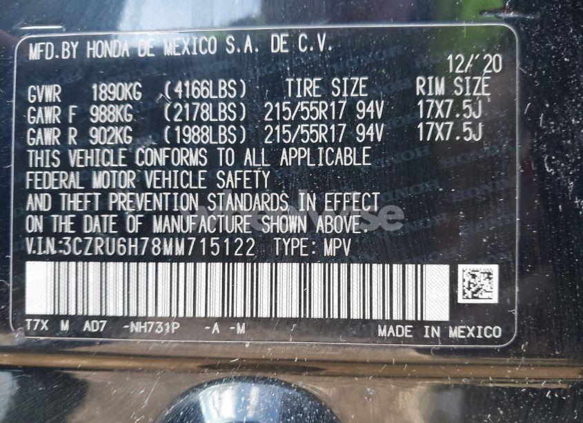 Photo 9 of 2021 Honda Hr-v AWD EX-L (VIN 3CZRU6H78MM715122)