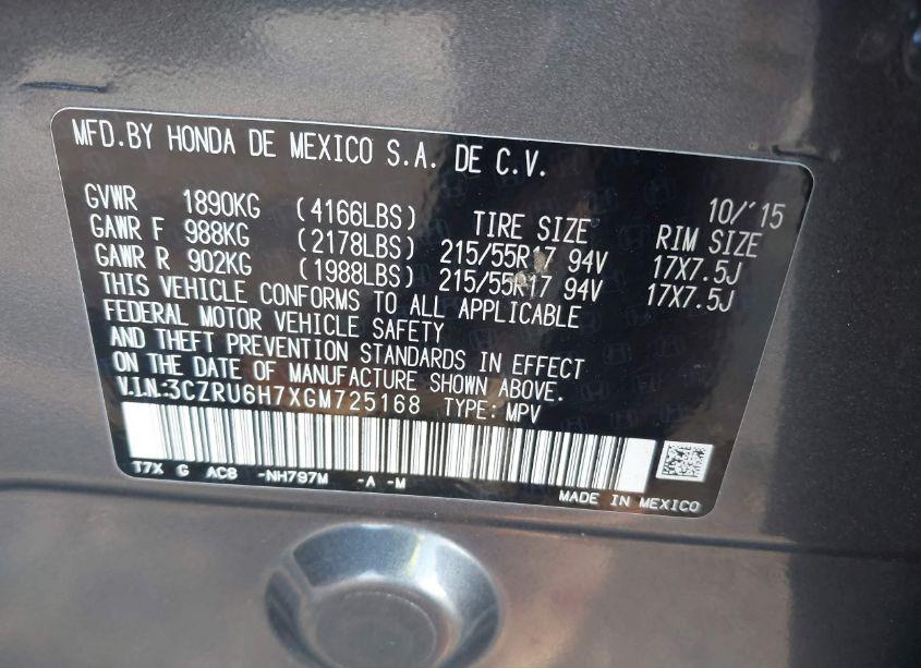 Photo 9 of 2016 Honda Hr-v EX-L (VIN 3CZRU6H7XGM725168)