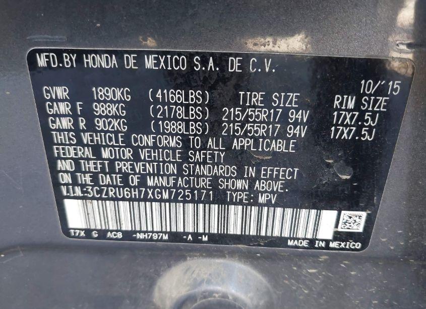 Photo 9 of 2016 Honda Hr-v EX-L (VIN 3CZRU6H7XGM725171)