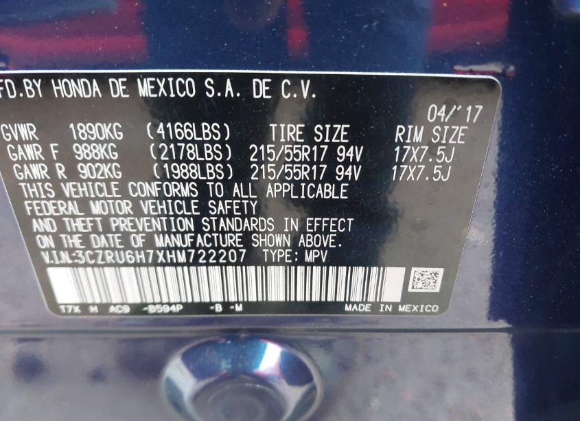 Photo 9 of 2017 Honda Hr-v EX-L (VIN 3CZRU6H7XHM722207)