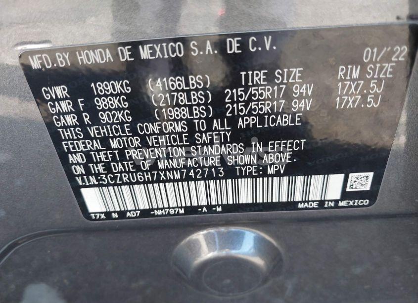 Photo 9 of 2022 Honda Hr-v AWD EX-L (VIN 3CZRU6H7XNM742713)