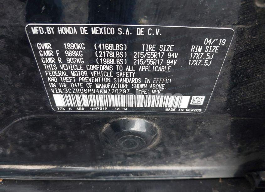 Photo 9 of 2019 Honda Hr-v TOURING (VIN 3CZRU6H94KM720297)