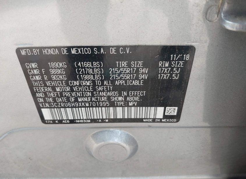 Photo 9 of 2019 Honda Hr-v TOURING (VIN 3CZRU6H9XKM701995)