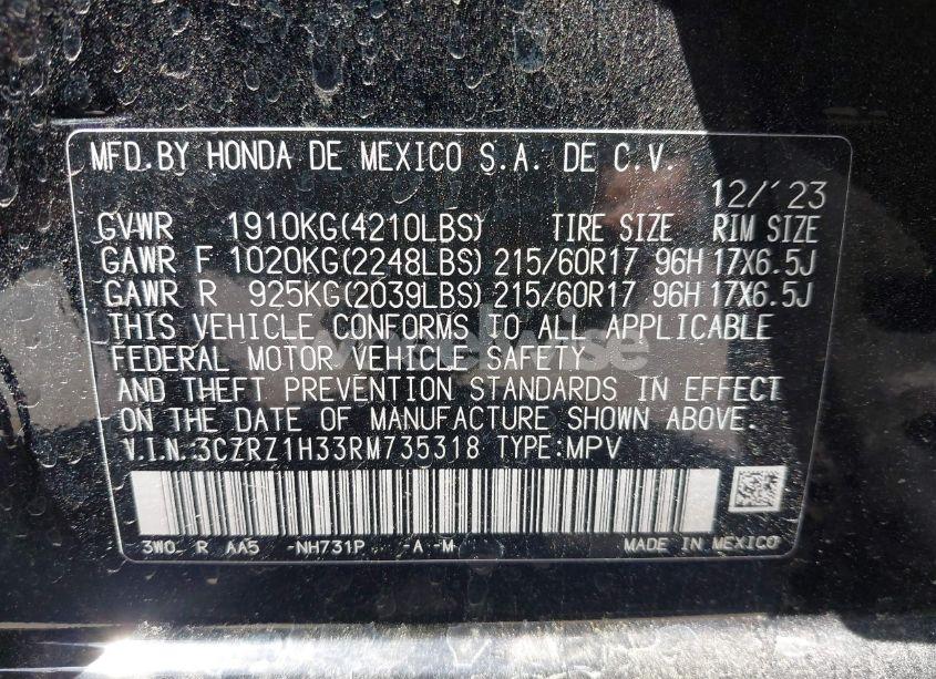 Photo 9 of 2024 Honda Hr-v 2WD LX (VIN 3CZRZ1H33RM735318)